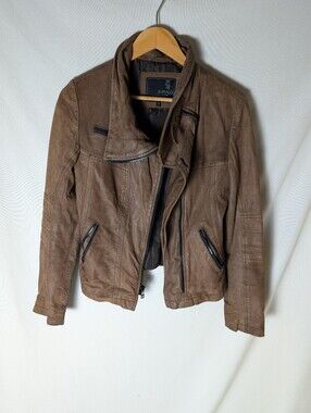 Buffalo David Bitton Brown 100% Leather Asymmetrical Zip Jacket Size Small